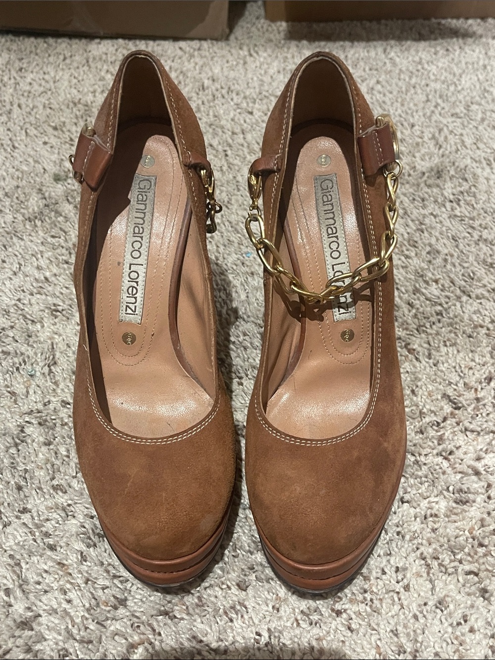 Gianmarco Lorenzi Chestnut Suede Chain-Ankle Pumps